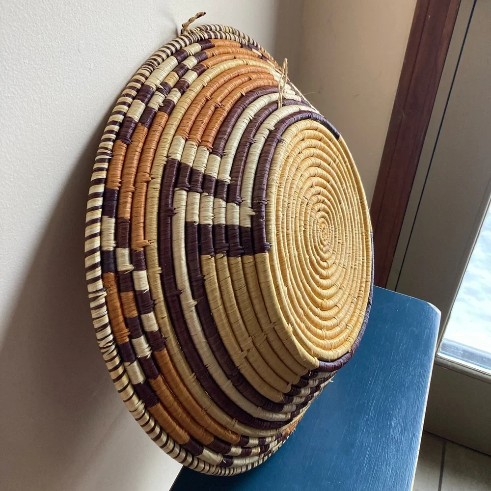 Vintage Large 18” African Handwoven Basket Wall Hanging Decor Geometric Design